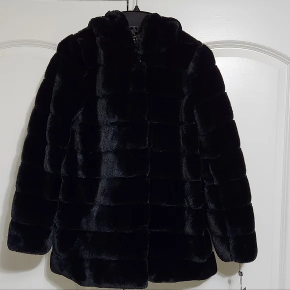 LAUNDRY BY SHELLI SEGAL FAUX FUR BLACK COAT With HOOD SIZE XS - Picture 7 of 8